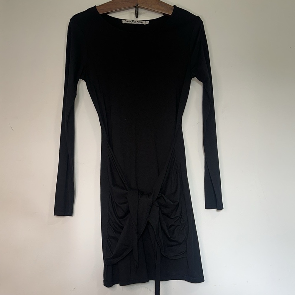 Michael Stars Black Asymmetrical Front Tie Long Sleeve Dress
